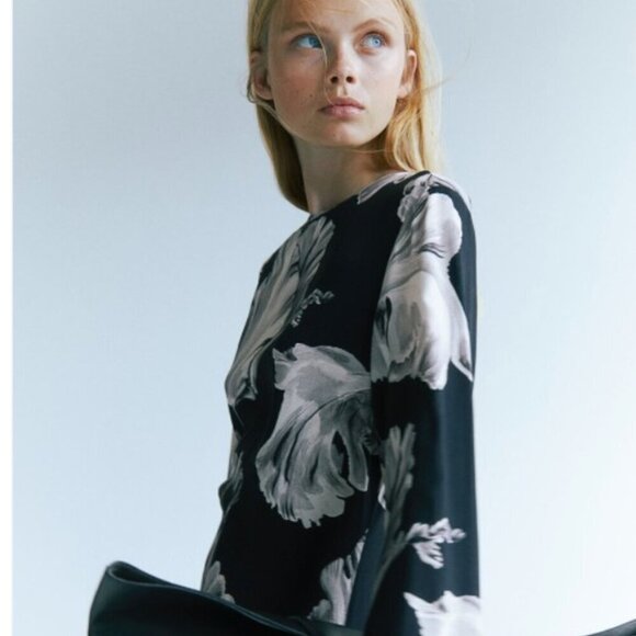 H&M Midi Dress Floral Printed Long Sleeves Viscose Women's Small Black Brand New - Picture 10 of 11